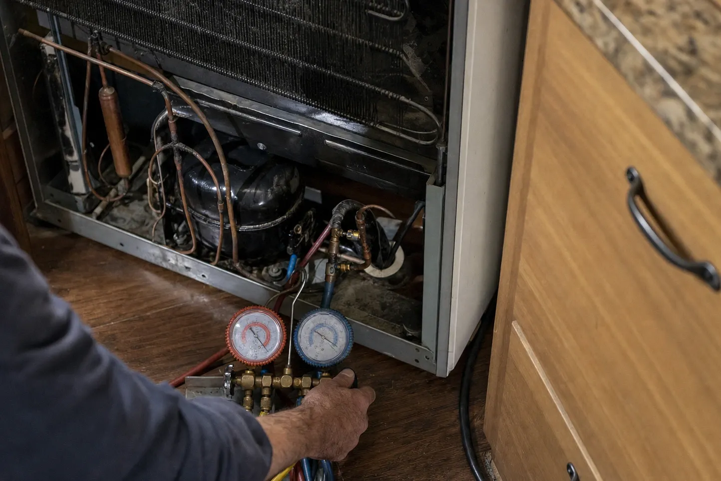 Manifold gauges standing on a wood floor with hoses run into the open machine compartment of a built-in refrigerator