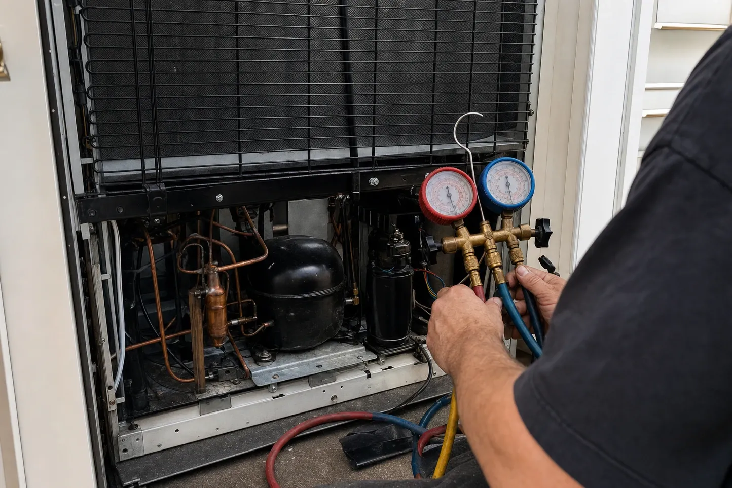 Hands holding a manifold gauge set in front of an open machine compartment, compressor and copper lines exposed